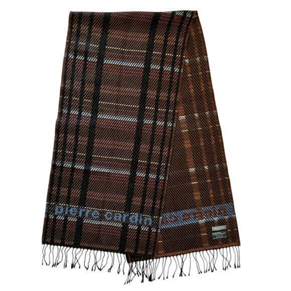 Pierre Cardin Vintage Jacquard Logo Brown Plaid Wool-Blend Fringe Muffler Scarf